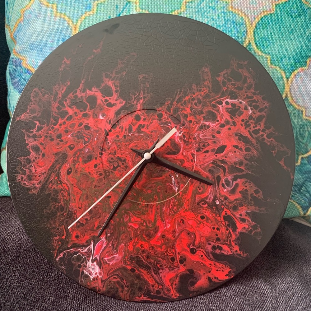 Fluid Art Upcycled Vinyl Record Clock- Hot Lava